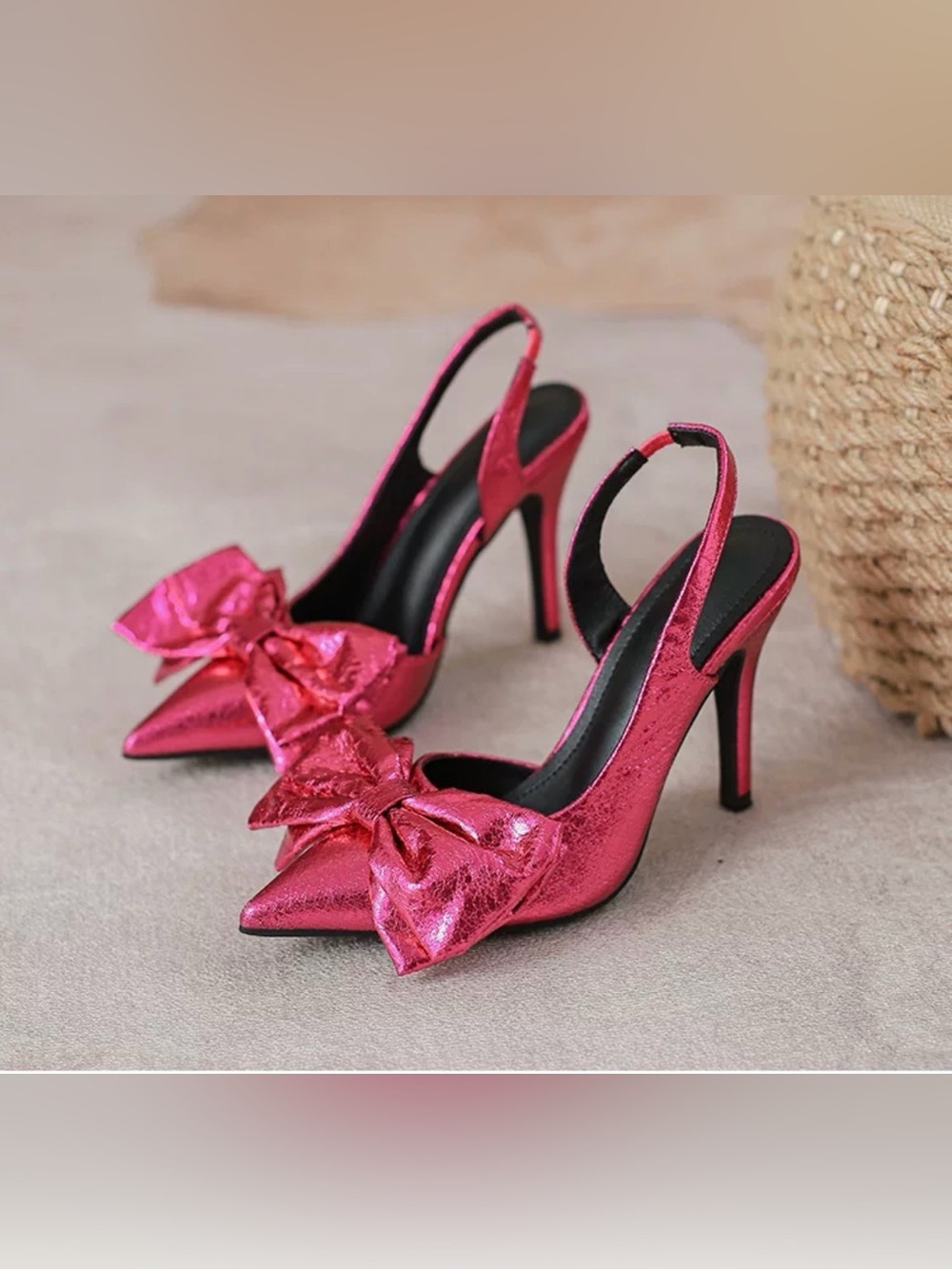 Women’s Metallic Fuchsia Bow Pointed-Toe Slingback Heels